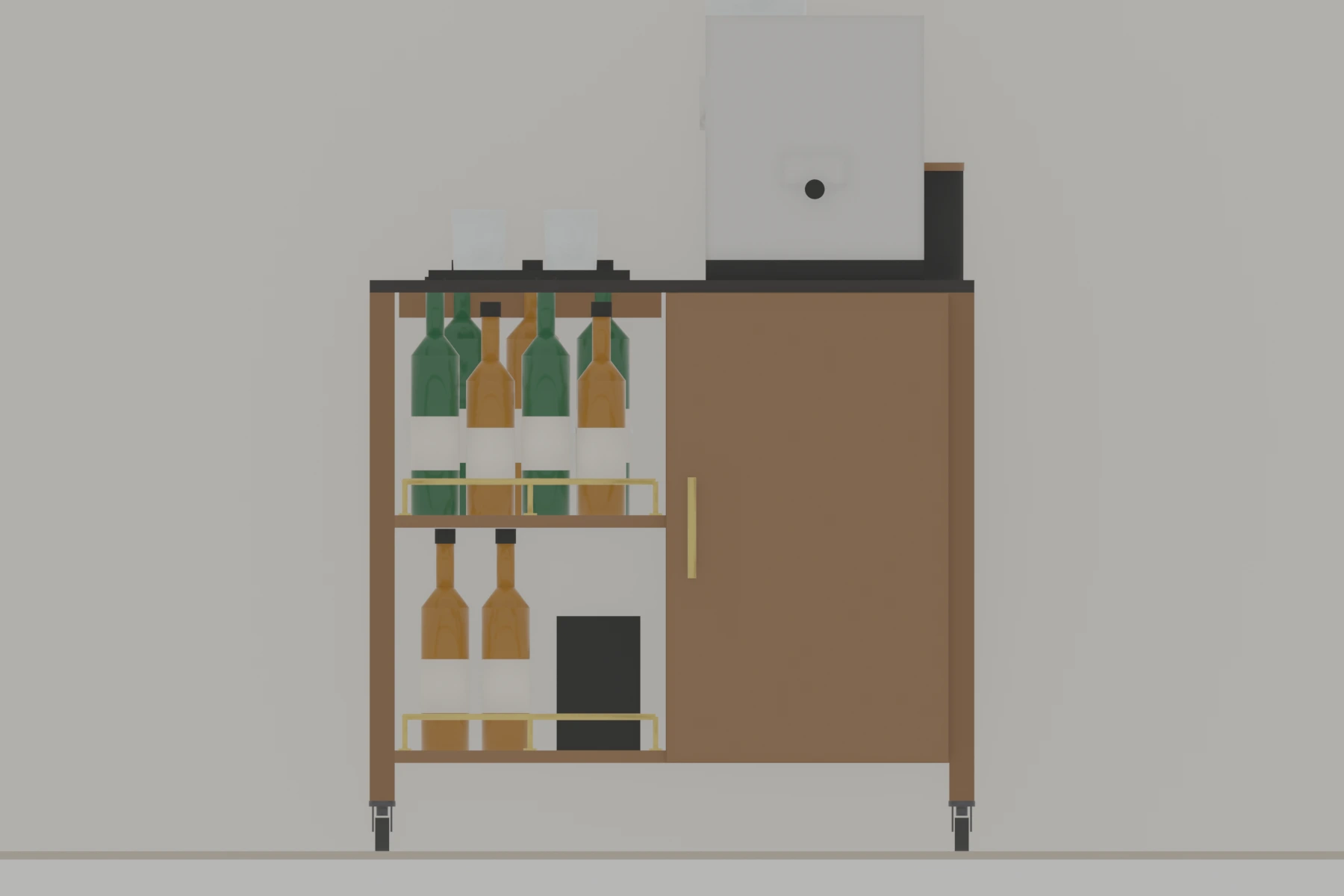 Front render of the walnut and brass bar and coffee cart